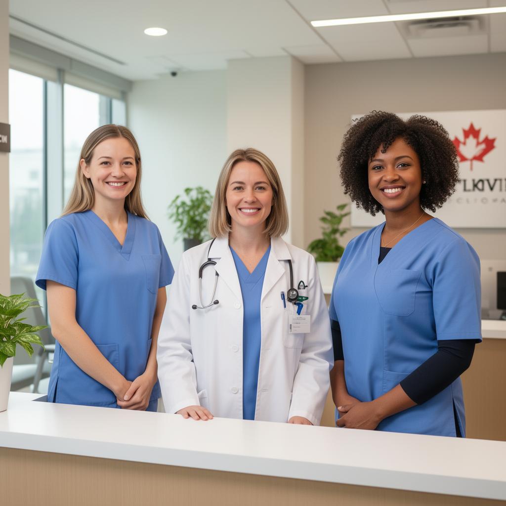 Friendly cardiology clinic staff smiling at reception