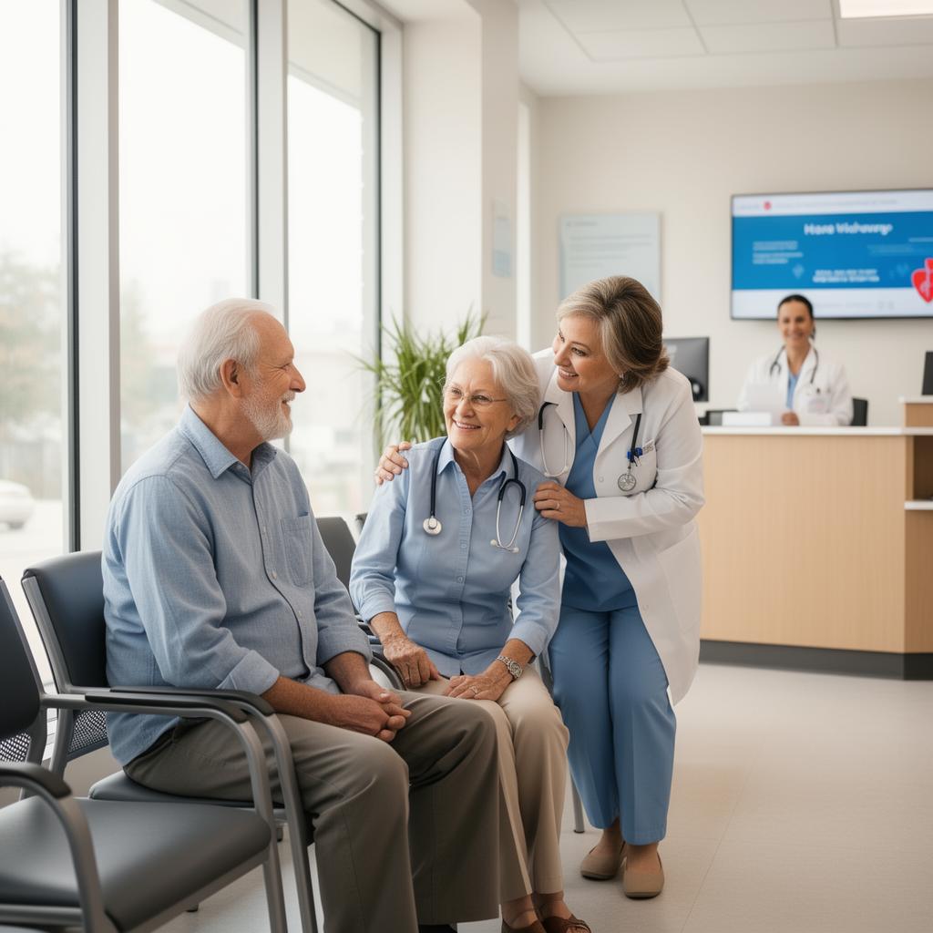 Happy patient and family member in a bright cardiology clinic waiting area